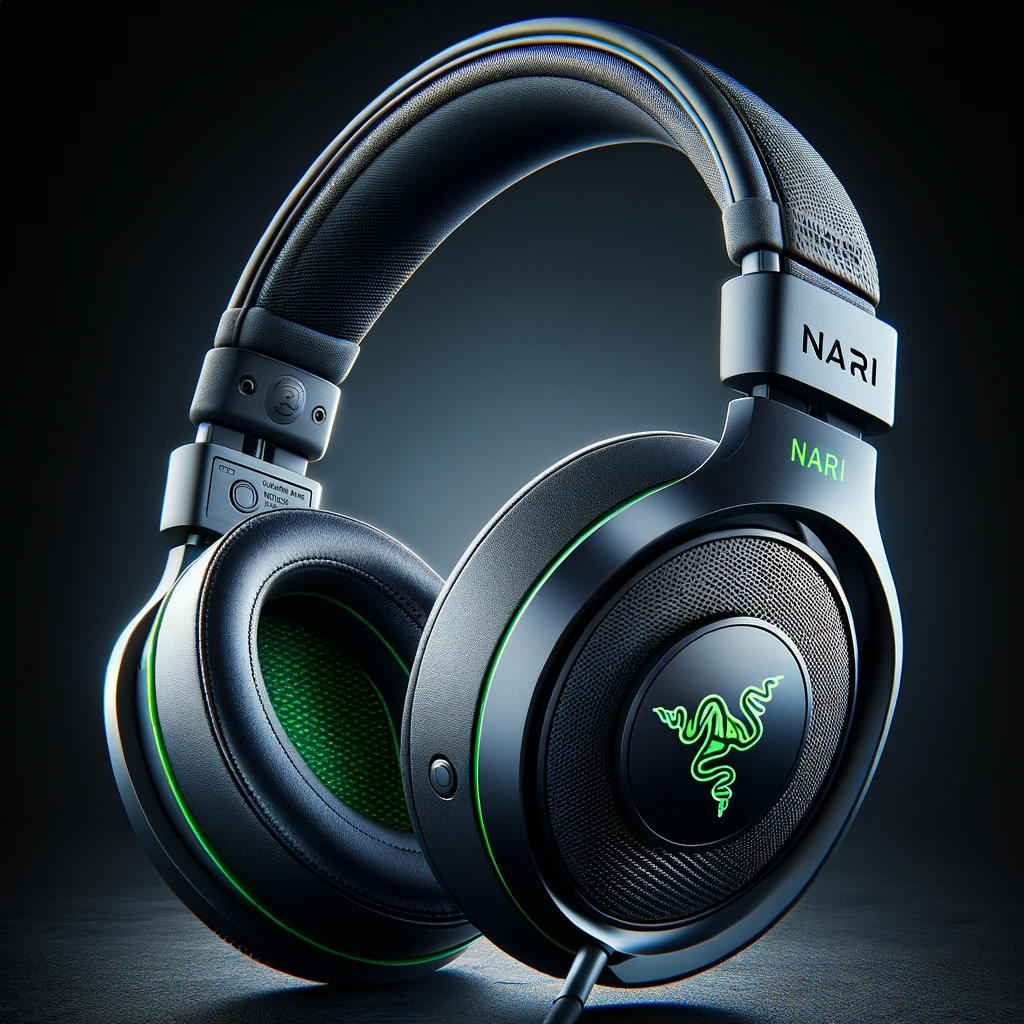 Hyper-realistic image of the Razer Nari Ultimate gaming headset, featuring its iconic Razer design with a vibrant color scheme, detailed texture of materials, and comfortable ear cups.